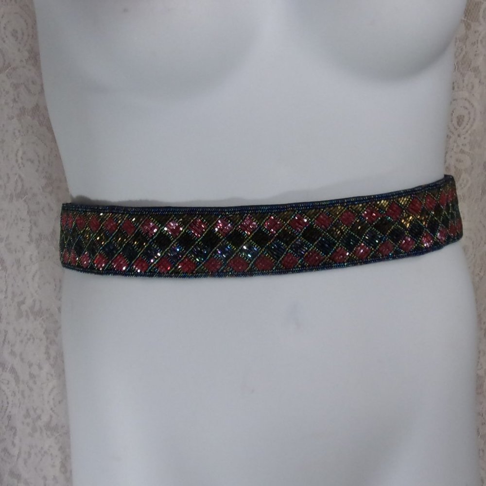 Vintage Black Beaded Belt Multi Colored Bling Beads